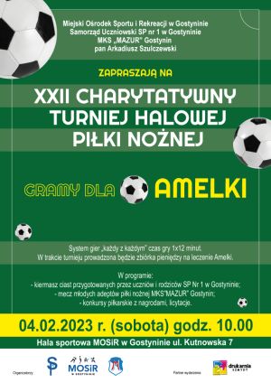 plakat - zaproszenie na XXII Charytatywny Turniej Halowy Piłki Nożnej