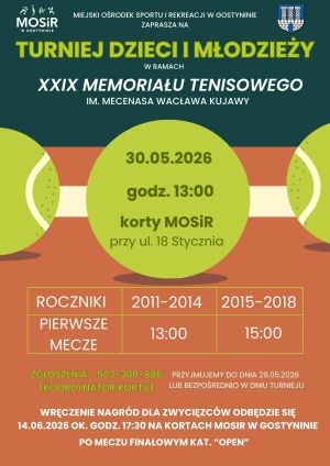 XXIX Memoriał Tenisowy im. Mec. Wacława Kujawy oraz Turniej Dzieci i Młodzieży już wkrótce na kortach MOSiR w Gostyninie