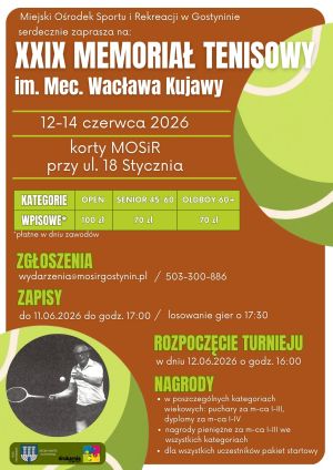 XXIX Memoriał Tenisowy im. Mec. Wacława Kujawy oraz Turniej Dzieci i Młodzieży już wkrótce na kortach MOSiR w Gostyninie