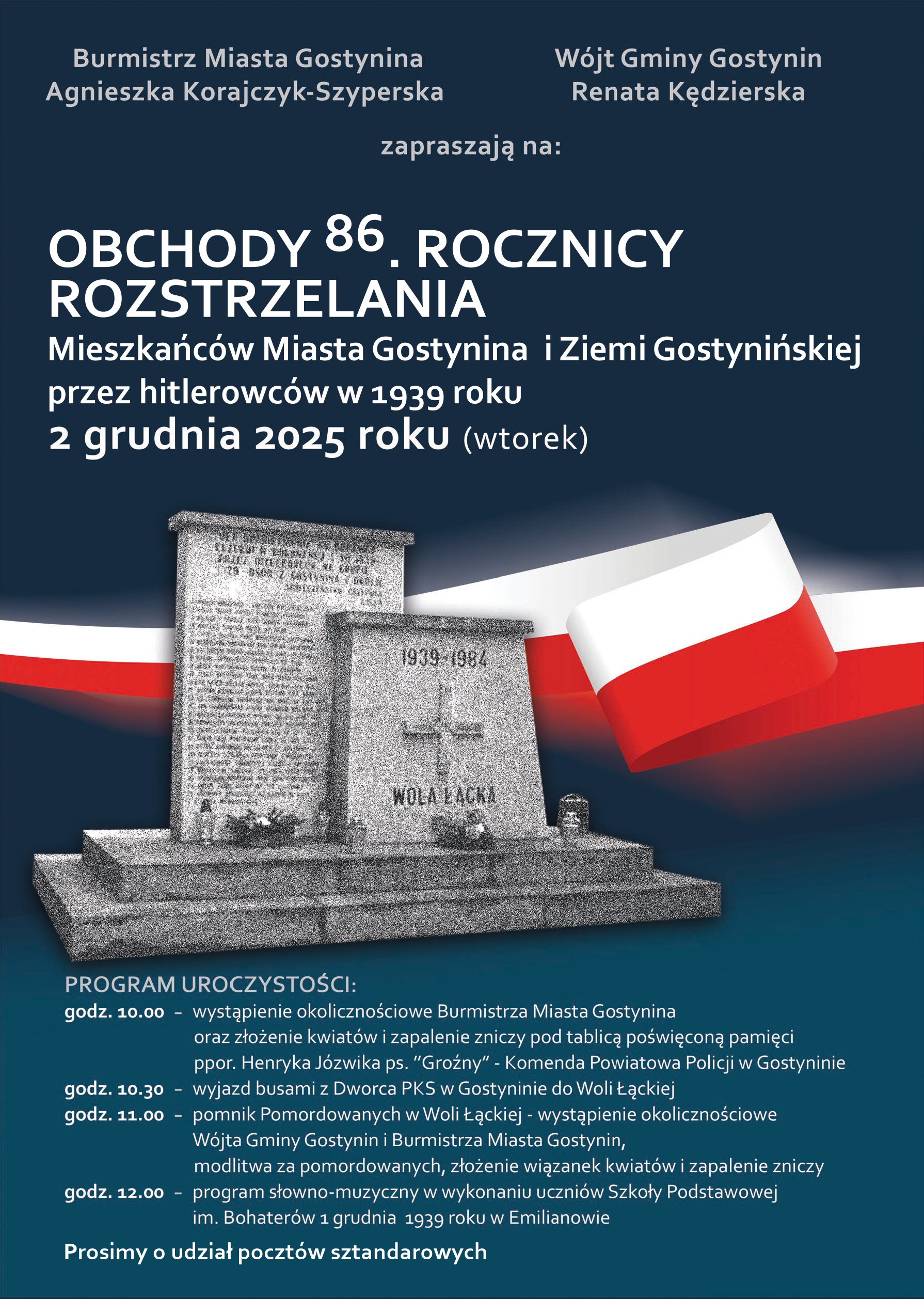 Zaproszenie na obchody 86. rocznicy rozstrzelania Mieszkańców Miasta Gostynina i Ziemi Gostynińskiej przez hitlerowców w 1939 roku