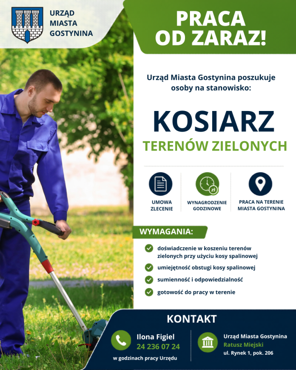 Urząd Miasta Gostynina poszukuje kosiarza terenów zielonych!!!